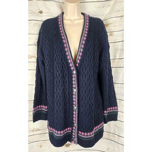 Talbots Navy Cable Knit Sweater Cardigan L Chunky Pink Trim Nylon Wool Blend